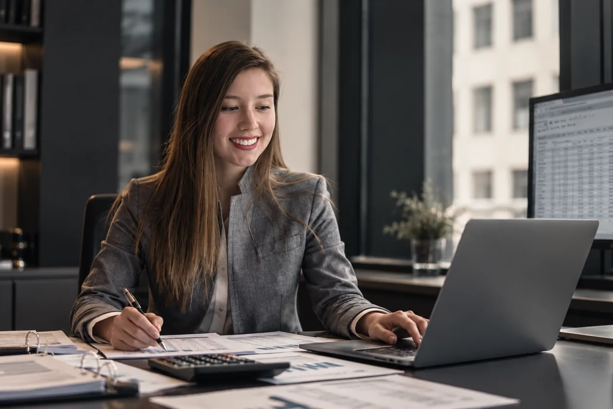 Professionnelle en comptabilité travaillant sur des états financiers